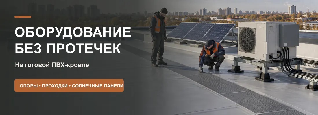 Кондиционер и солнечные панели установлены на готовой ПВХ-кровле без повреждения гидроизоляции